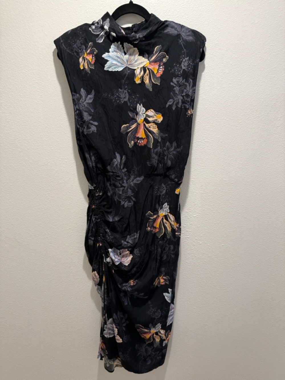 All Saints Isla Lily Silk Rushed Split Midi Dress - Black - Picture 3 of 6